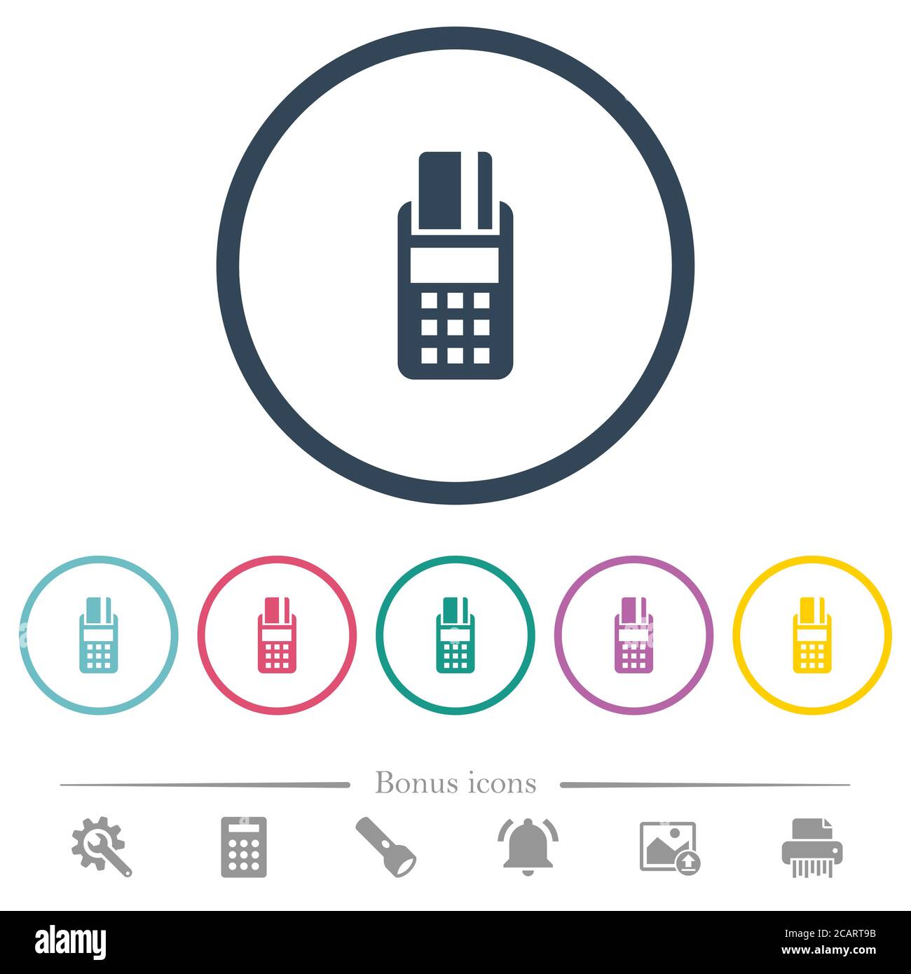 POS terminal flat color icons in round outlines. 6 bonus icons included ...