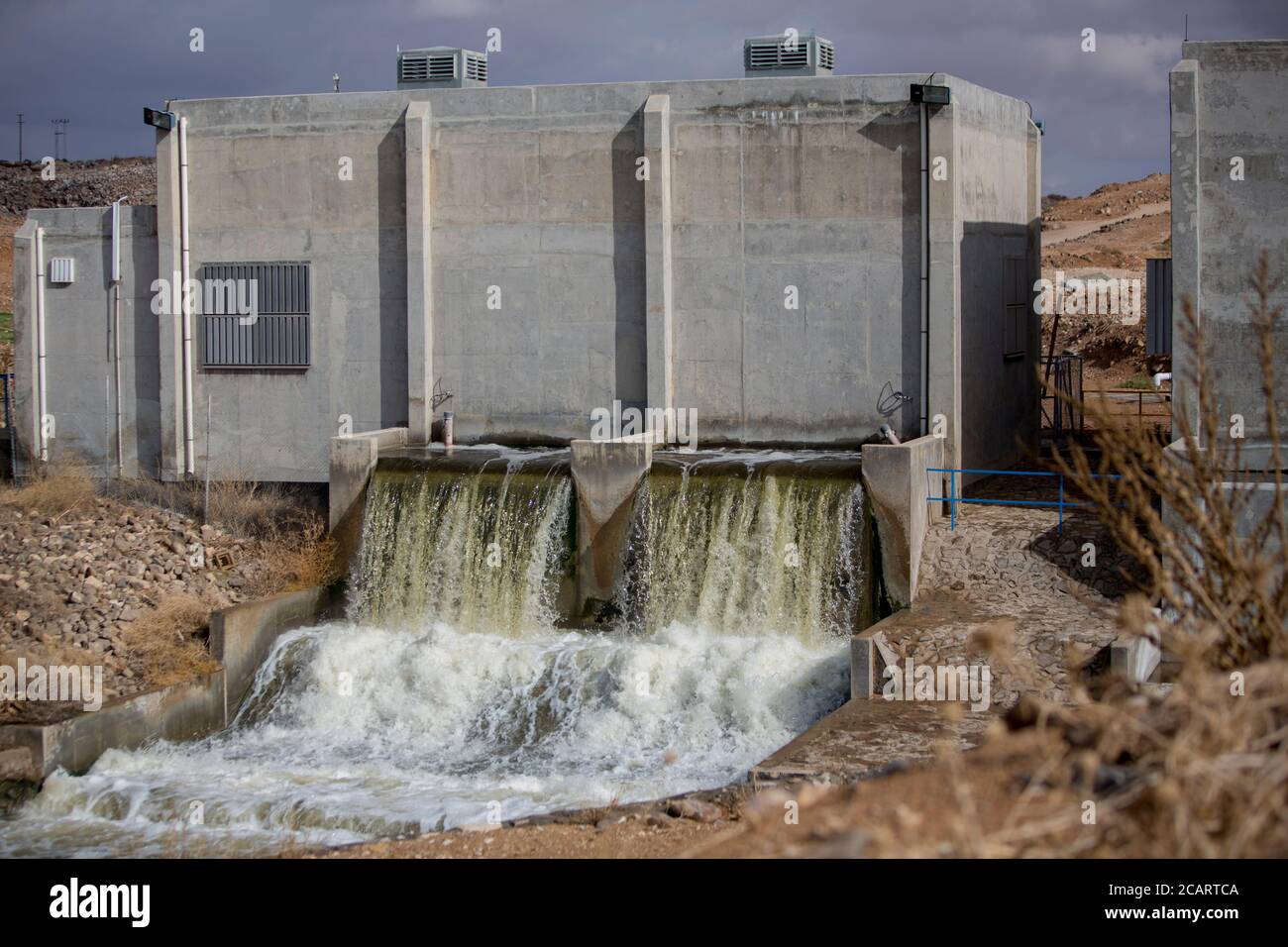 Clean, treated water flows from the AsSamra wastewater treatment plant