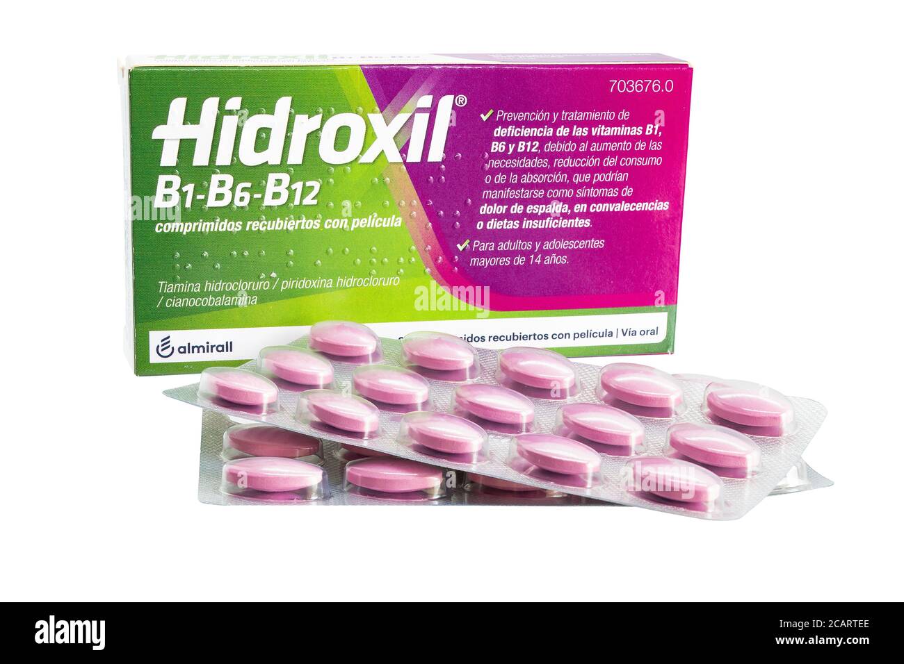 Huelva, Spain - July 23, 2020: Spanish Box of Hidroxil, brand of Vitamins B complex from Almirall laboratory. consists 3 types of vitamin B, B1 thiami Stock Photo