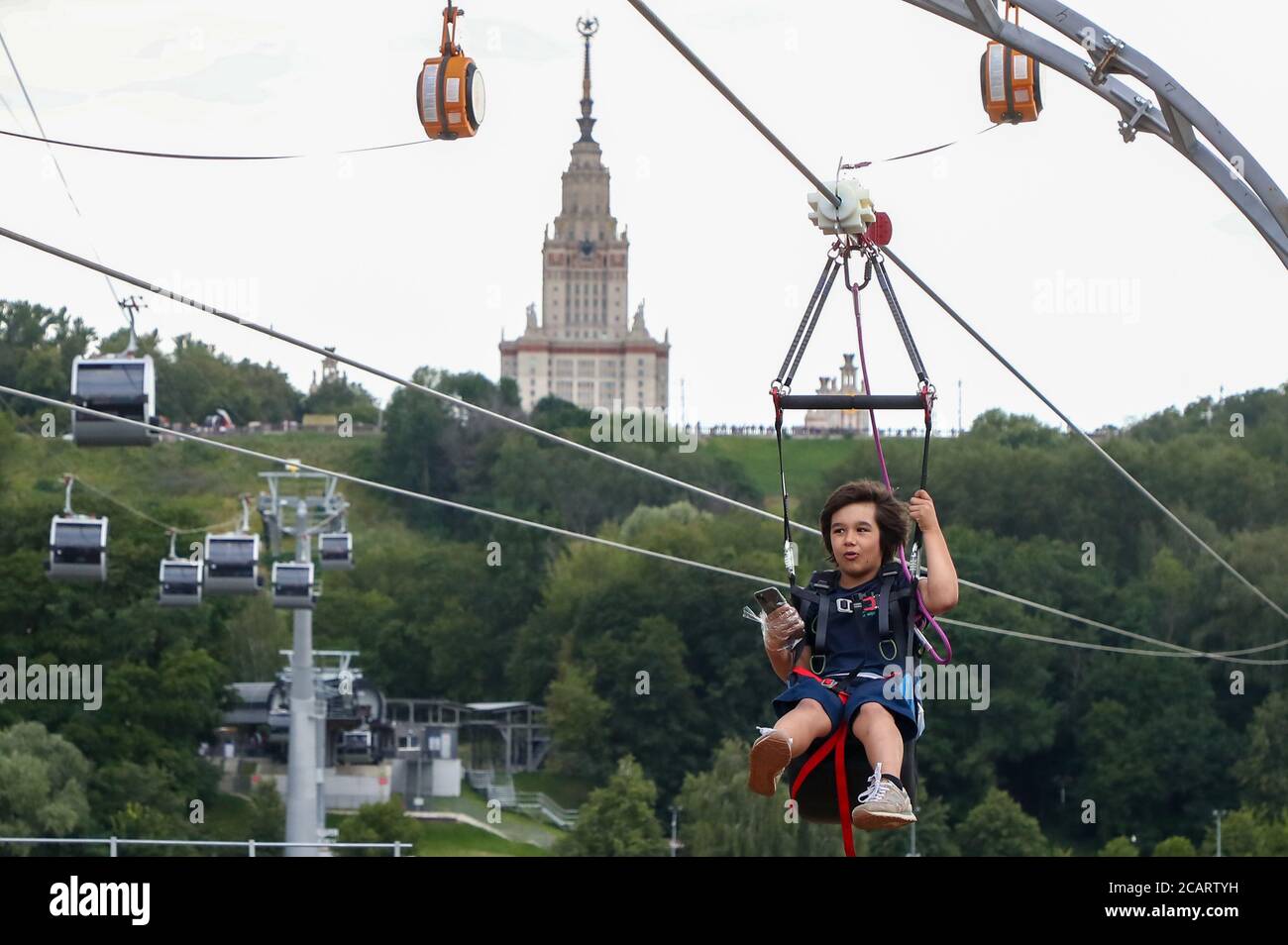 Moscow Russia 8th Aug A Child Rides A Zip Line At Zipline Skypark Moscow On Sparrow Hills Zipline Is An Amusement Ride That Allows People To Go Down A Steel Rope