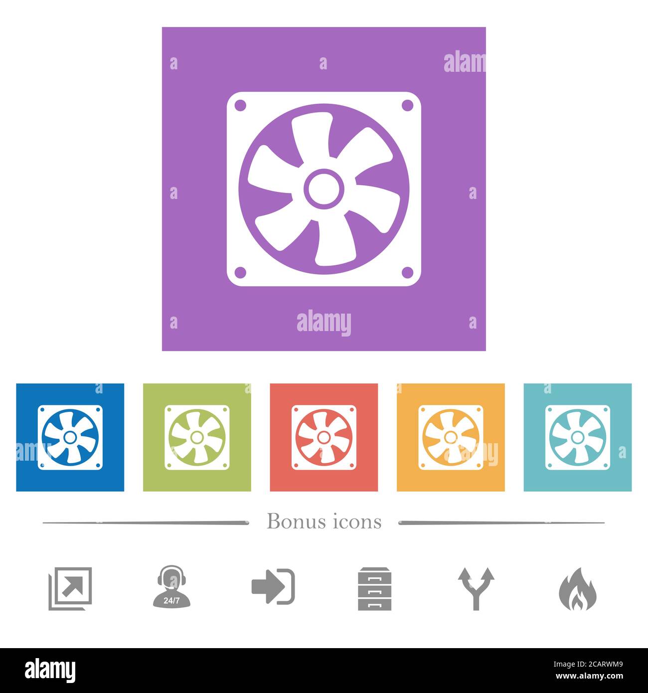 Computer fan flat white icons in square backgrounds. 6 bonus icons ...