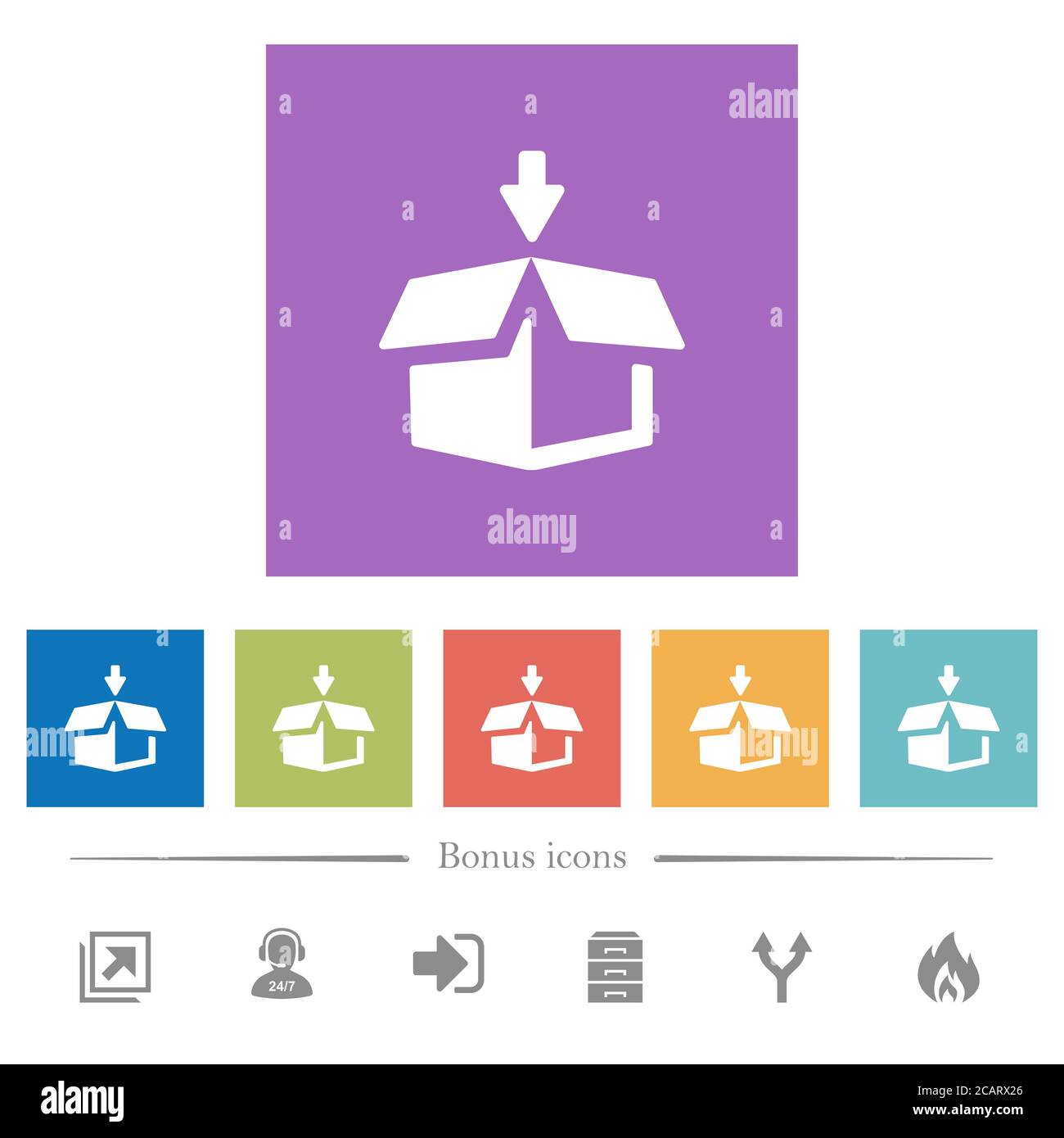 Pack to box flat white icons in square backgrounds. 6 bonus icons ...