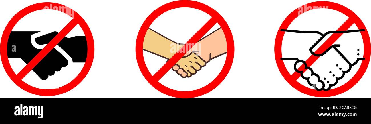 No handshake icon with red forbidden sign, avoiding physical contact and corona virus infection. vector icon set Stock Vector