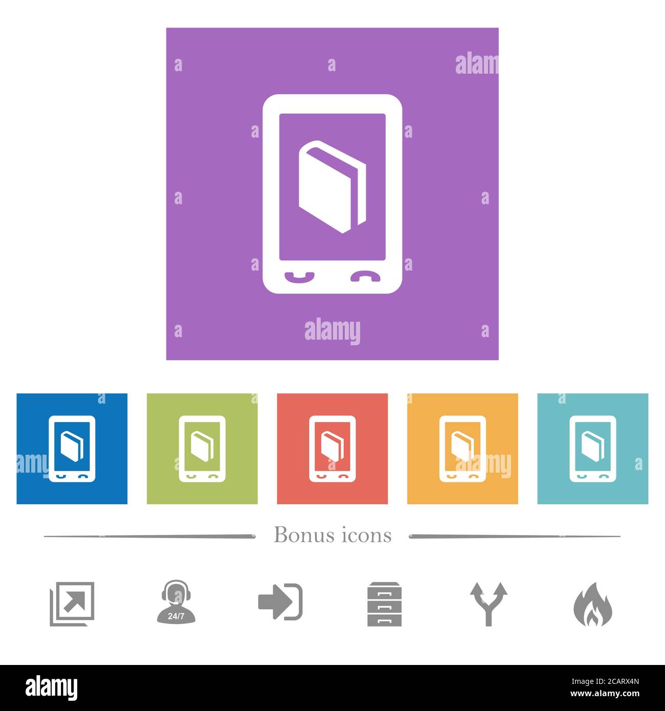 Mobile dictionary flat white icons in square backgrounds. 6 bonus icons