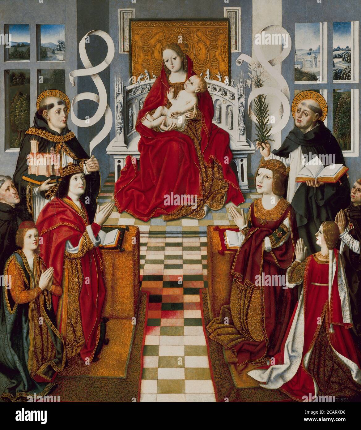 The VIrgin of the Catholic Monarchs, 1491-1493. The Virgin Mary, with the Christ Child on her lap, is worshiped by the Catholic Kings, Isabel (1451-1504) and Fernando (1452-1516), two of their children (Princess Joanna, prince John), and others. On the right of the painting, accompanying the Queen, are Saint Dominic (1170-1221), one of the Queen's daughters and a kneeling male figure without a halo. The sword on his chest implies martyrdom, and he has been associated with Pedro de Arbues, the Inquisitor of Aragon who was assassinated in 1485. On the left, behind the King, Saint Thomas, Prince Stock Photo