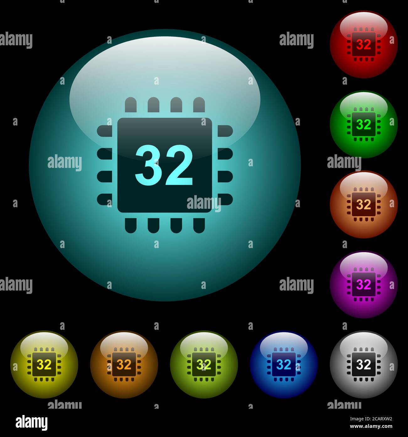 Microprocessor 32 bit architecture icons in color illuminated spherical glass buttons on black background. Can be used to black or dark templates Stock Vector