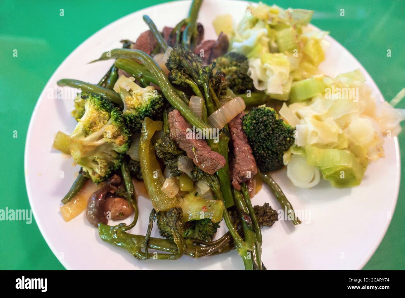 fresh homemade Broccoli and beef stir-fry meal on a white plate Stock Photo