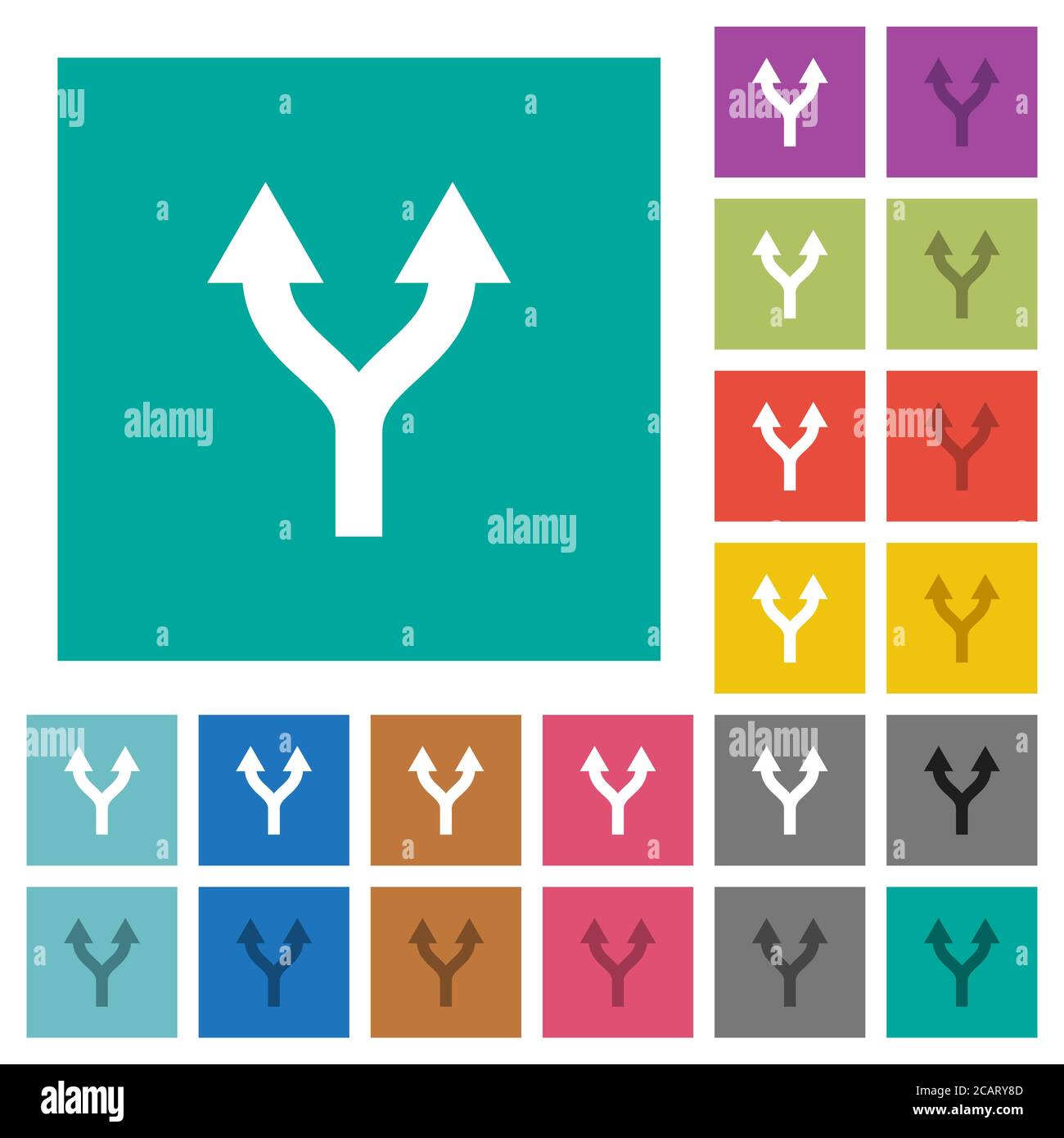 Split arrows up multi colored flat icons on plain square backgrounds. Included white and darker icon variations for hover or active effects. Stock Vector