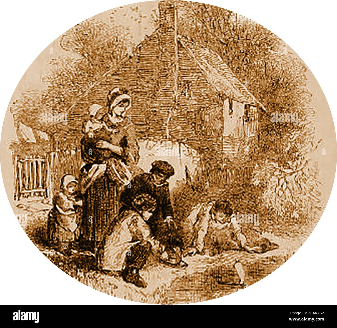 English customs and  traditions  - An 1845 engraving depicting a Victorian family country  outing - collecting frog spawn and tadpoles. Stock Photo