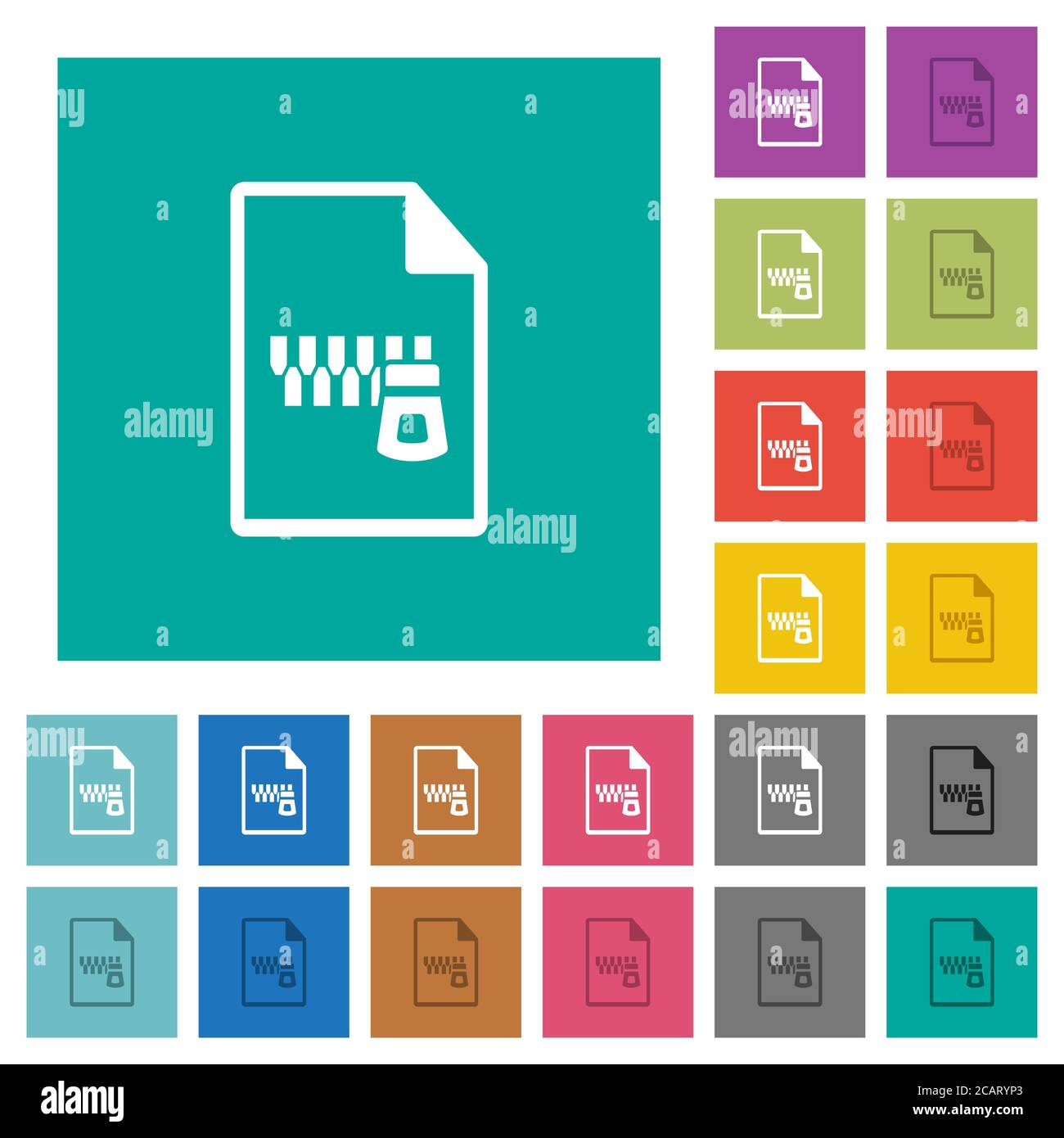 Zipped document multi colored flat icons on plain square backgrounds. Included white and darker icon variations for hover or active effects. Stock Vector