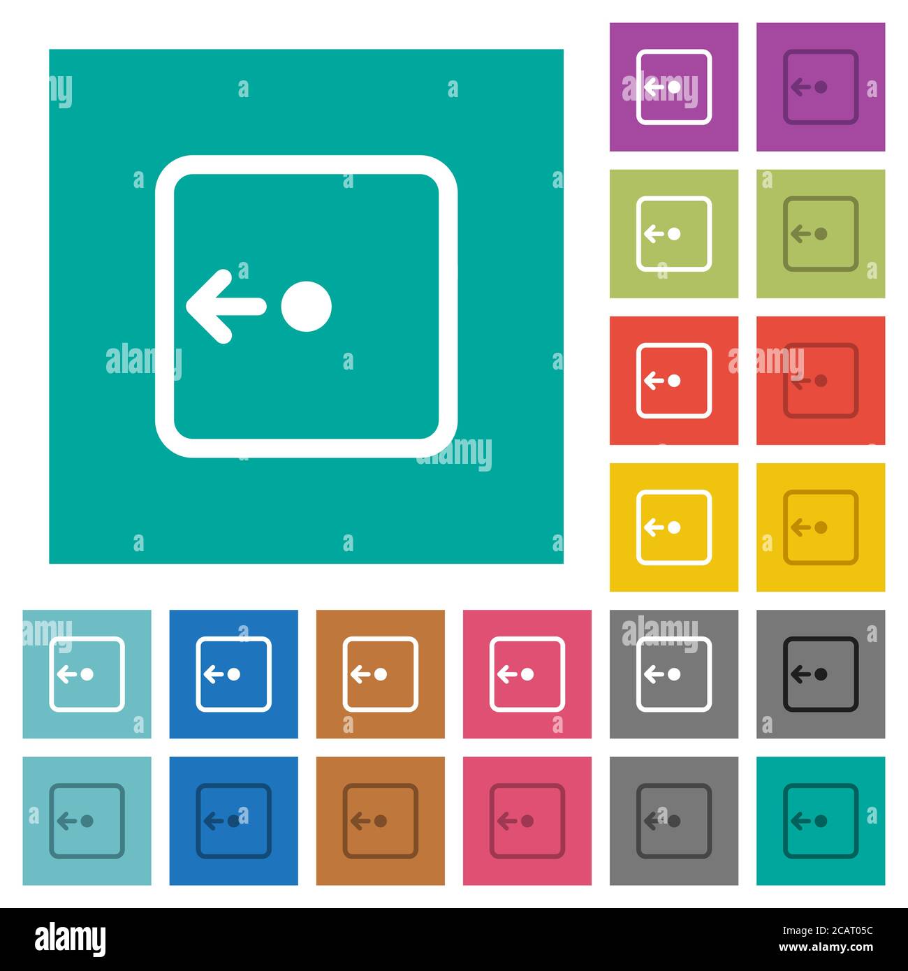 Move object left multi colored flat icons on plain square backgrounds. Included white and darker icon variations for hover or active effects. Stock Vector