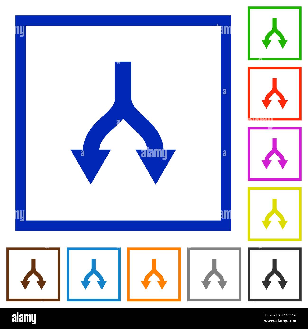 Split arrows down flat color icons in square frames on white background Stock Vector