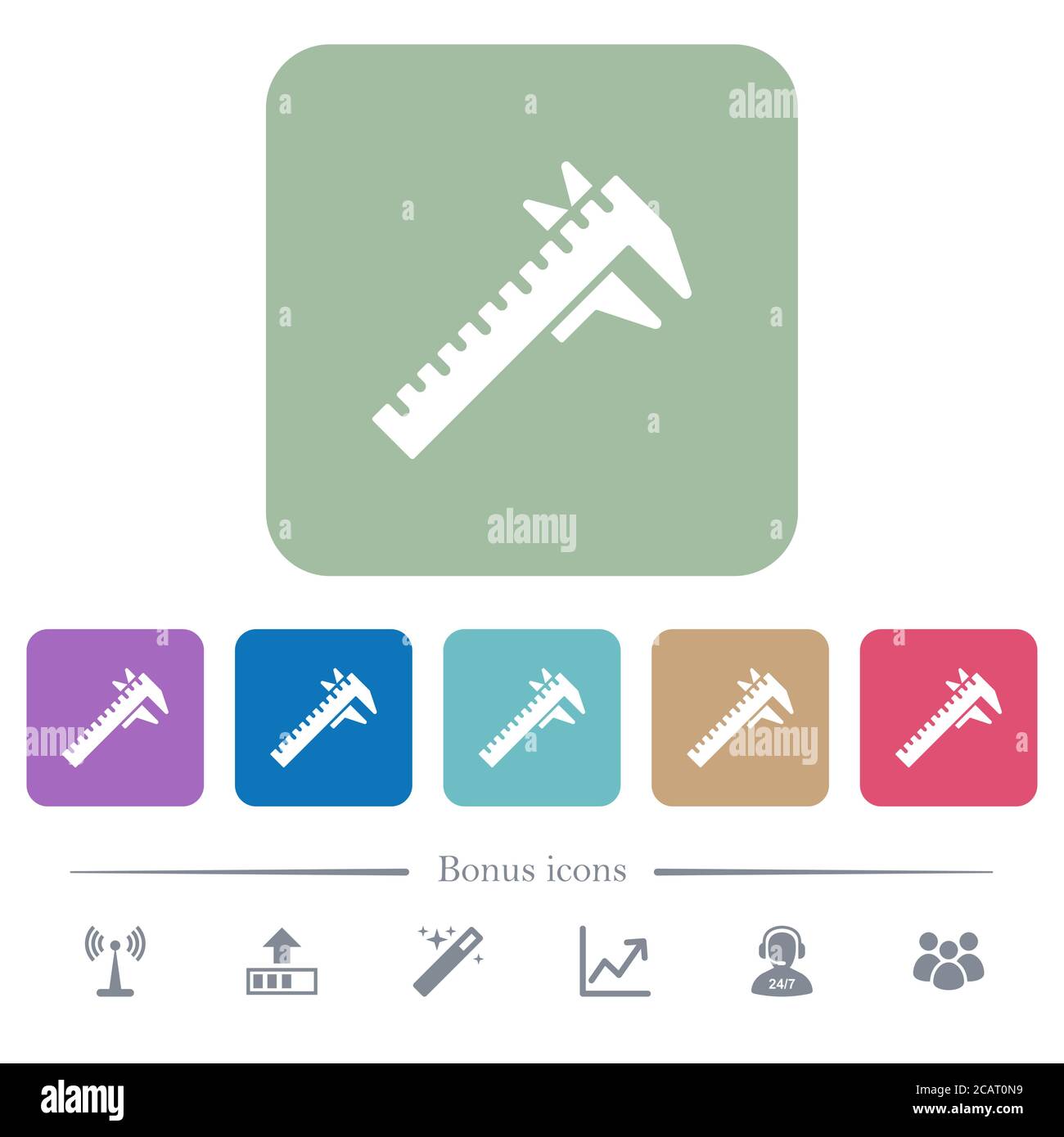 Caliper white flat icons on color rounded square backgrounds. 6 bonus ...