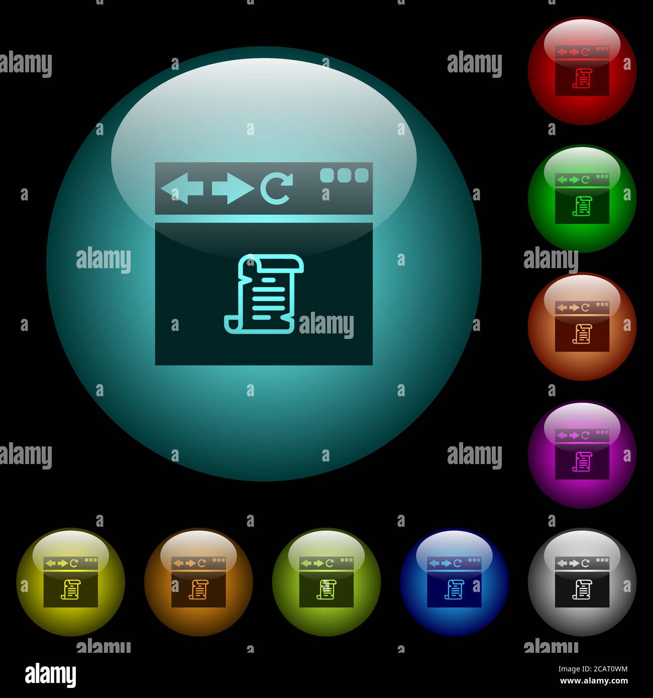 Browser running script icons in color illuminated spherical glass ...