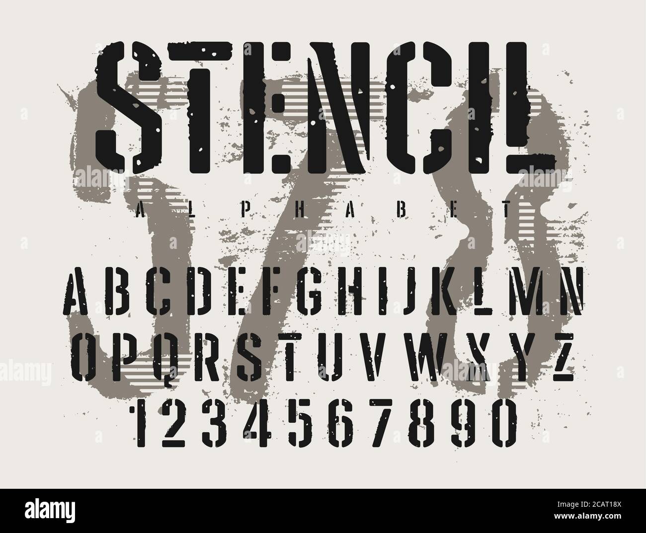 Stencil alphabet with grunge texture effect. Rough imprint stencil-plate font in military style. Vectors Stock Vector