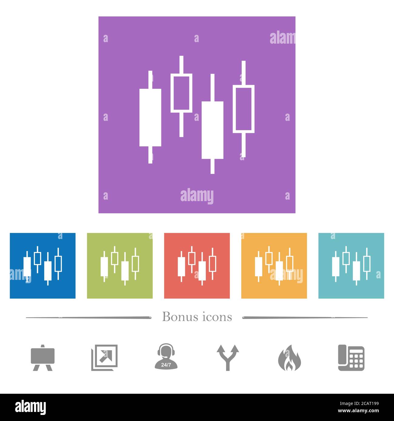 Candlestick chart flat white icons in square backgrounds. 6 bonus icons ...