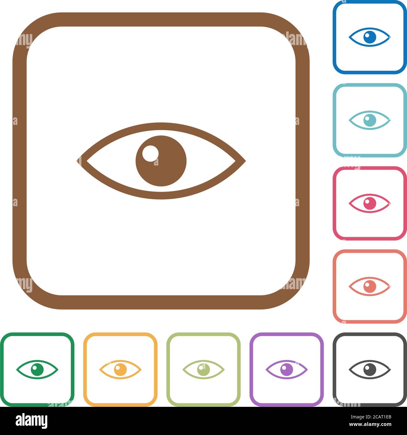 Eye simple icons in color rounded square frames on white background ...