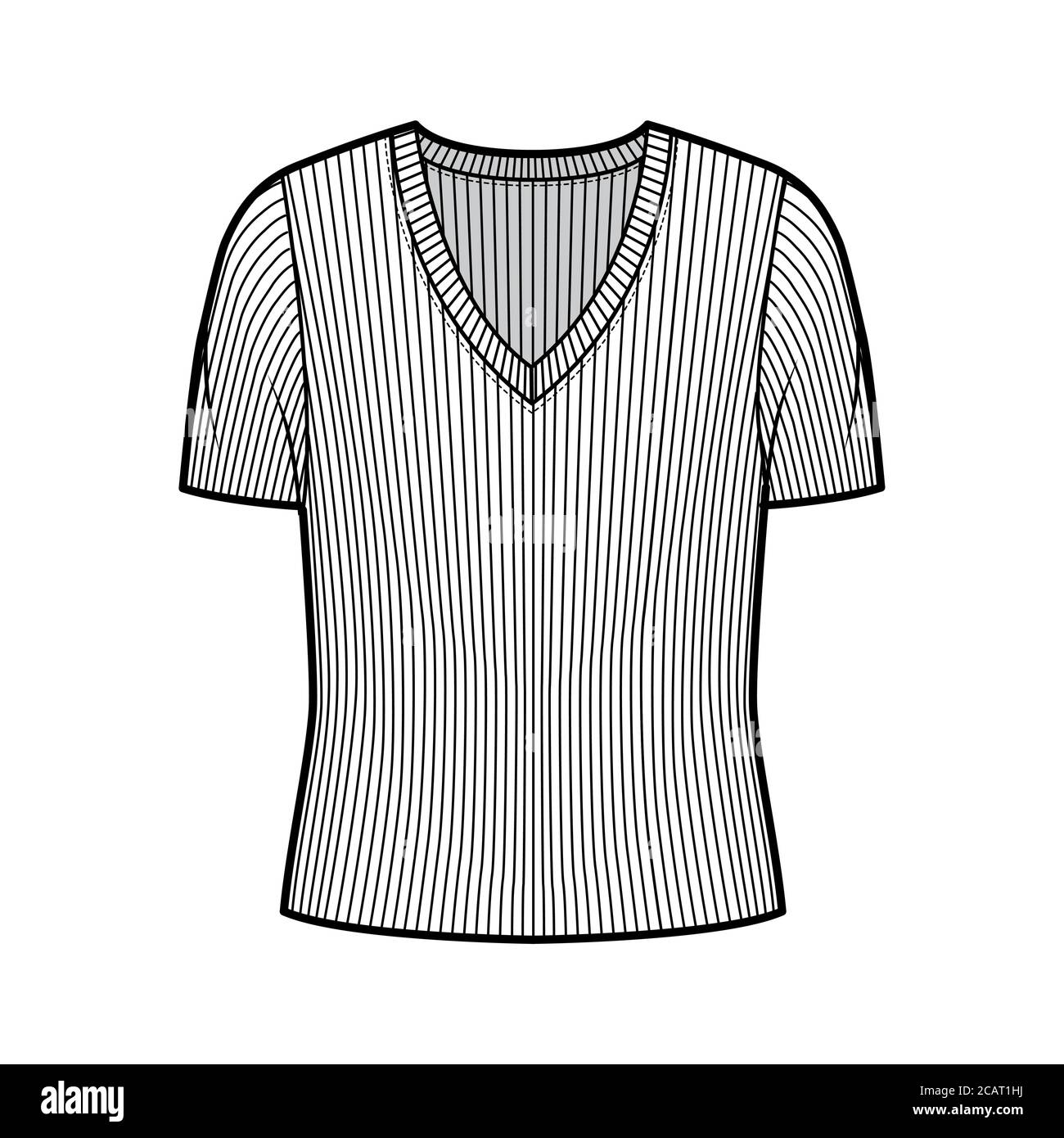 Ribbed V-neck knit sweater technical fashion illustration with short rib  sleeves, oversized body. Flat outwear apparel template front, white color.  Women, men unisex shirt top CAD mockup Stock Vector Image & Art -