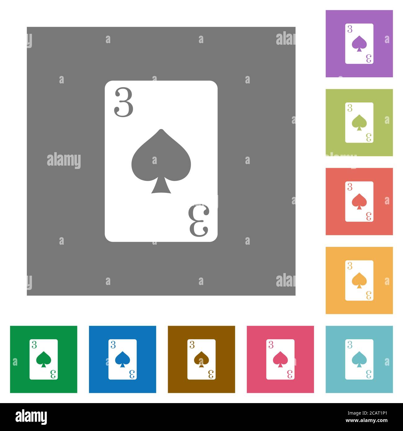 Three of spades card flat icons on simple color square backgrounds