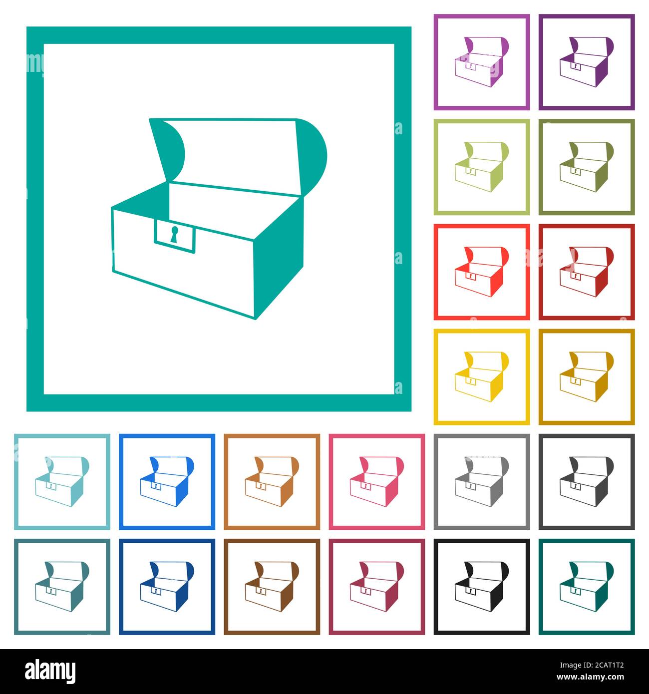 Empty open coffer flat color icons with quadrant frames on white ...