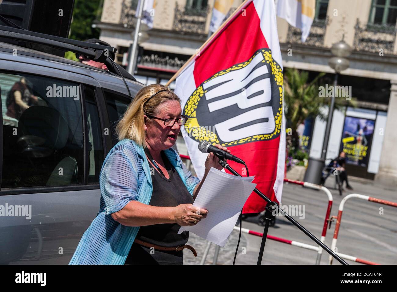 Munich, Bavaria, Germany. 8th Aug, 2020. RENATE WERLBERGER of the neonazi NPD. Looking to capitalize on the Coronavirus crisis, racism, discontent with non-whites in Germany, and with Black Lives Matter, the neonazi NPD party of Munich held a 'Also White Lives Matter'' [sic] rally at Munich's Stachus. Ten attended, which included Franz H., Pia V., Manfred Schiessl, a BIA member who also is an Ordner at the Coronademos, and several others including neonazi Josef. H., who, among two other participants, was engaged in long conversations with the controversial Munich Police Kommunikationst Stock Photo