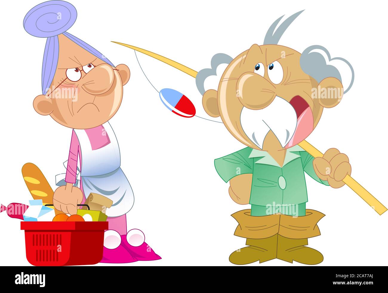 The vector illustration depicts an elderly active couple in a cartoon style. Grandma was shopping at the store, and grandfather goes fishing. Stock Vector