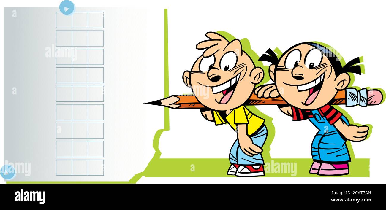Vector girl and boy school children solve a task. The illustration is made in a cartoon style. Stock Vector