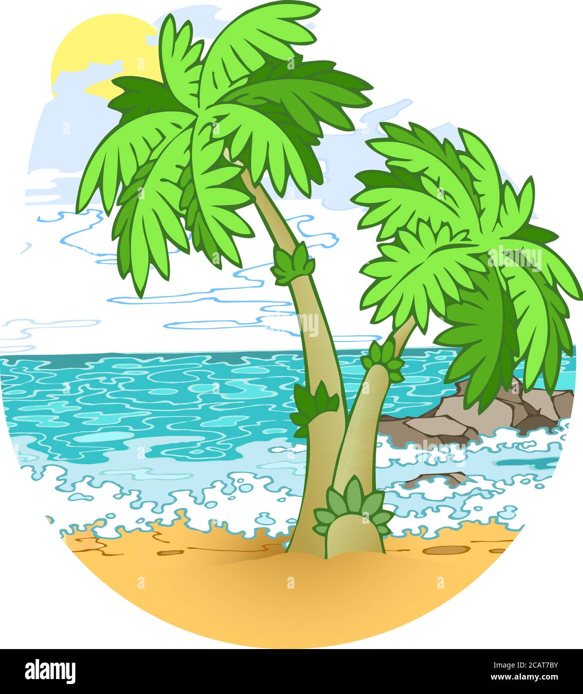 The vector illustration shows a part of the beach with palm trees in the background of the sea. Stock Vector