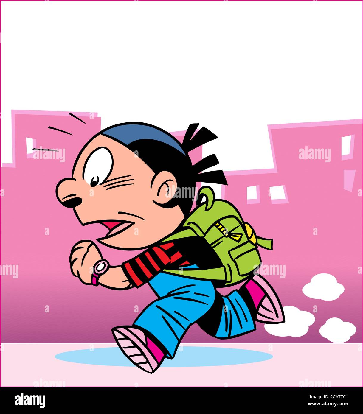 In the vector illustration, a schoolgirl girl with a backpack hurries to school down the street. Illustration is made in cartoon style Stock Vector