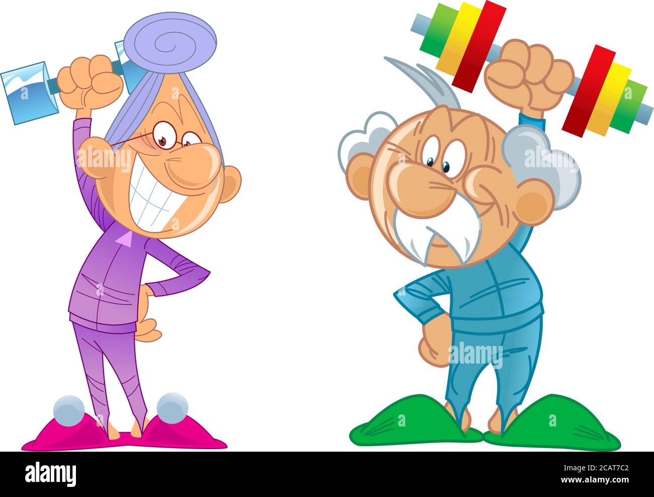 The vector illustration depicts an elderly active couple in a cartoon style. Grandparents go in for sports Stock Vector