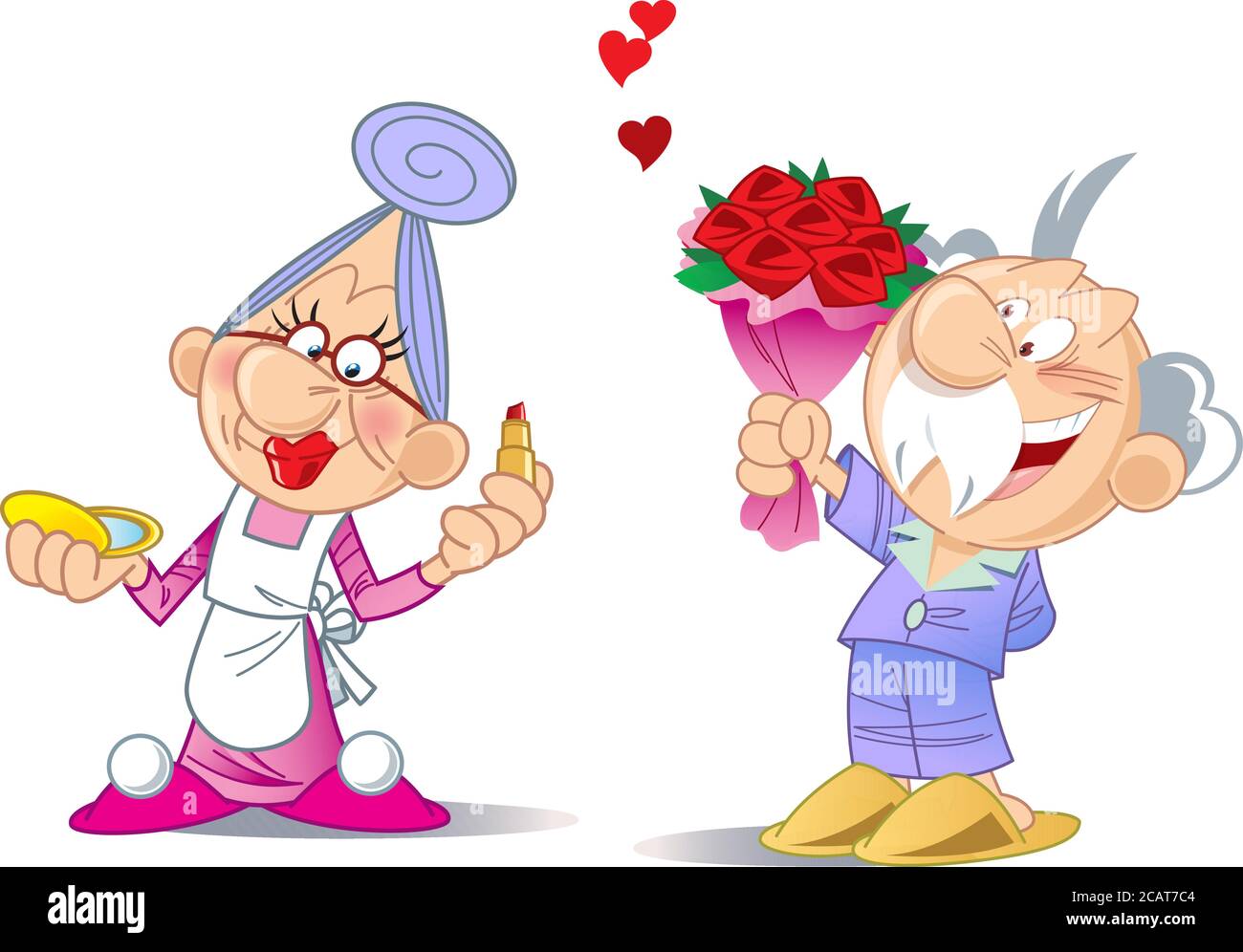 The vector illustration depicts an elderly active couple in a cartoon style. Grandma does makeup and grandpa gives her a bouquet of flowers Stock Vector