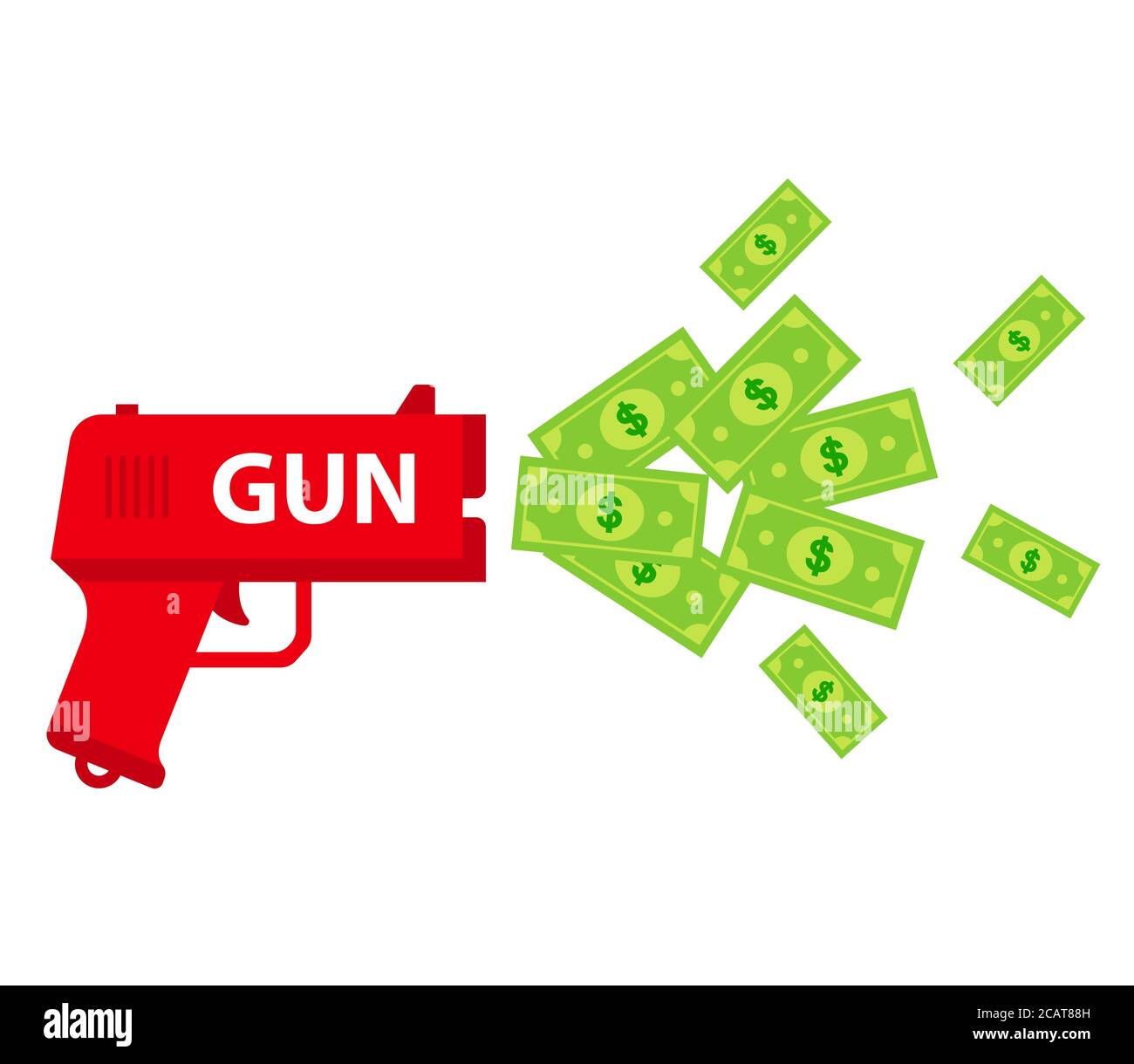 shoot the toy gun with bills. waste of money. flat vector illustration isolated on white background. Stock Vector
