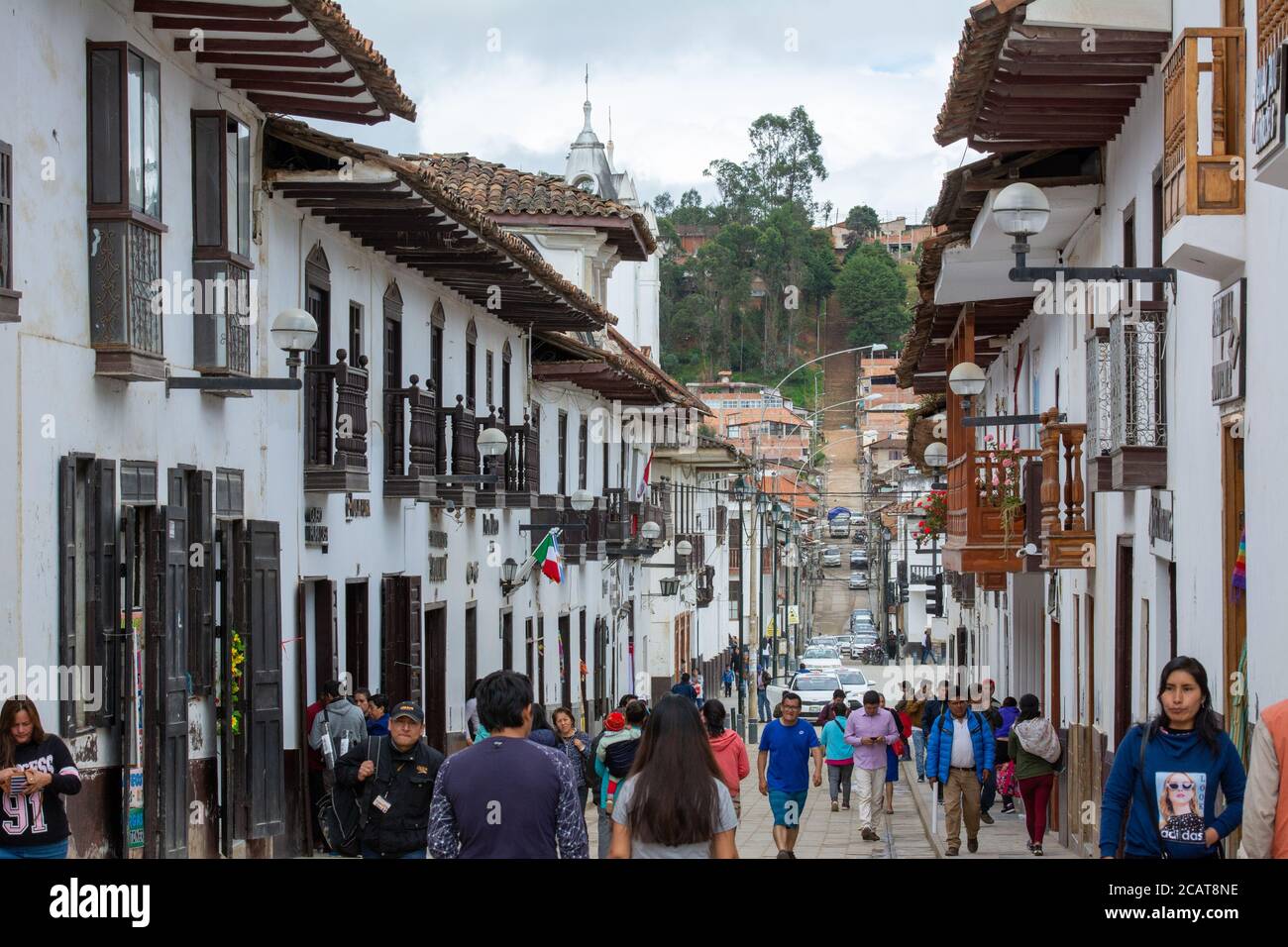 Typical street in the city centre of Chachapoyas in Amazonas in northern Peru. Stock Photo