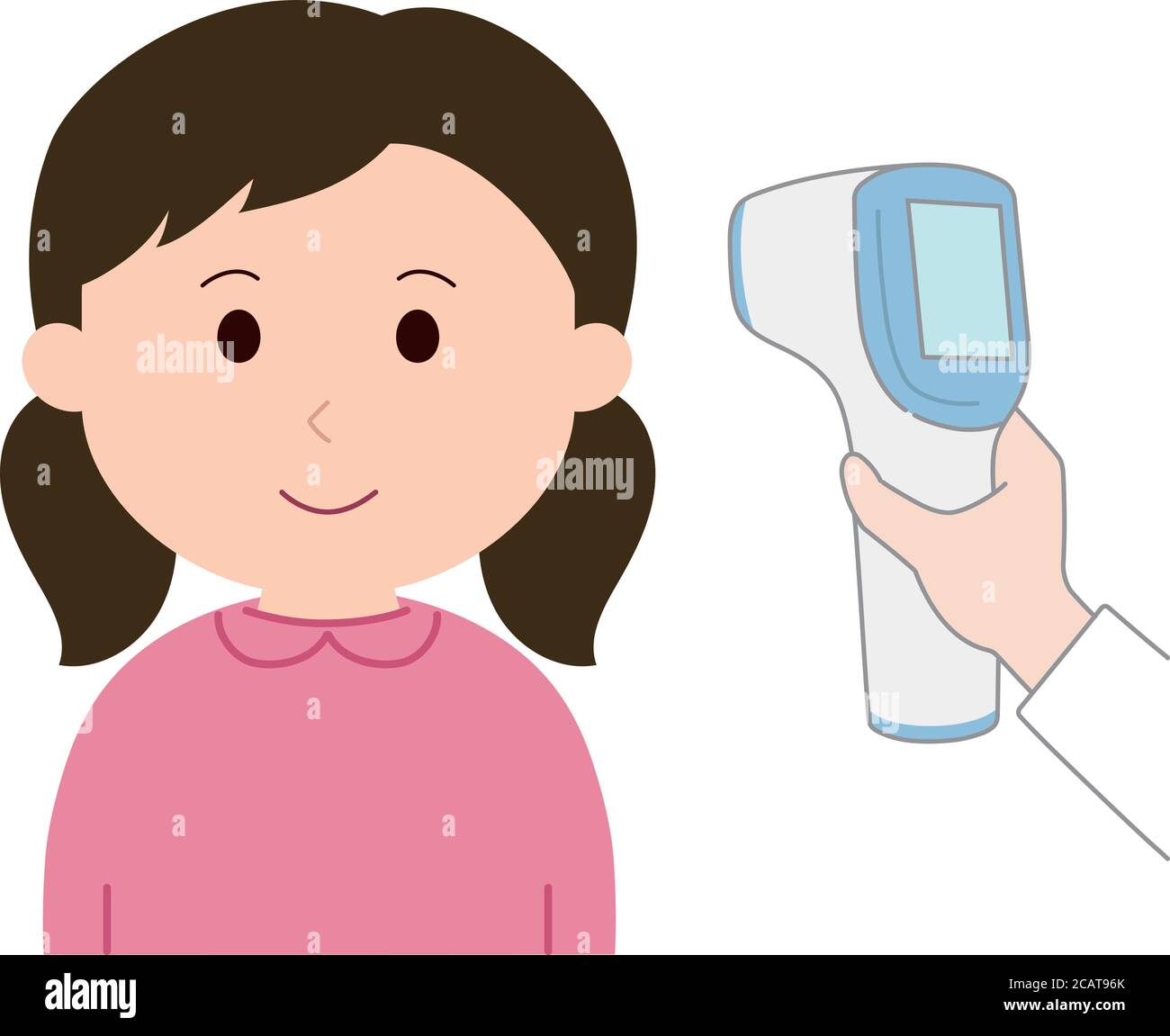 Girl measuring a body temperature using infrared forehead thermometer
