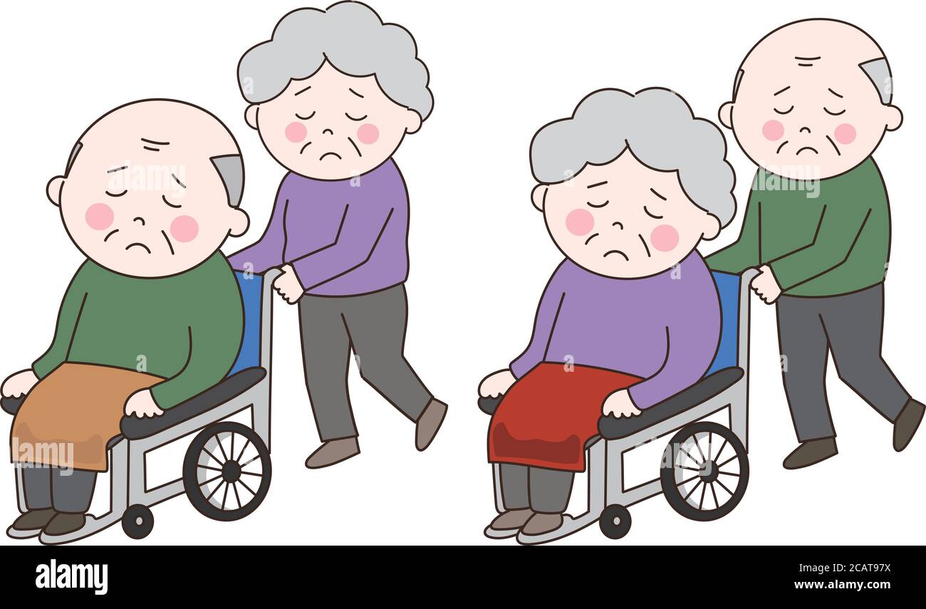 Stressed elderly couple in a wheelchair due to caregiver fatigue. Vector illustration isolated on white background. Stock Vector
