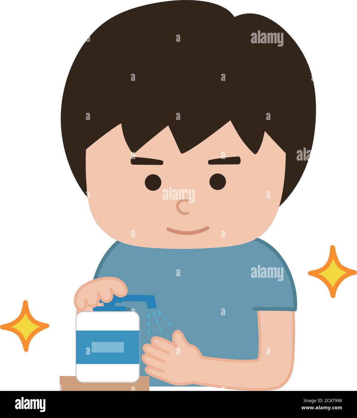 Boy washing hands with sanitizer. Vector illustration isolated on white background. Stock Vector