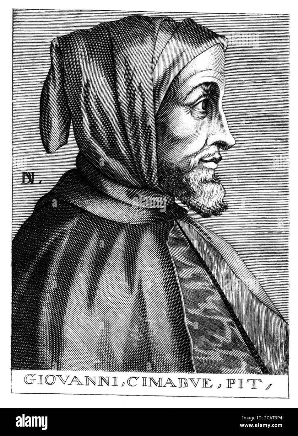 1300 c, ITALY : The celebrate italian painter CENNI di PEPO GIOVANNI aka Il CIMABUE ( 1240 ca - 1302 ), the teacher of the famous painter GIOTTO di Bondone ( 1266 ca -  1337 ). Engraved by unknown, pubblished in 1695 .  - PORTRAIT - RITRATTO  - beard - barba - ARTE - VISUAL ARTS - ARTI VISIVE - PITTORE - engraving - incisione -  illustration - illustratore -  PAINTER - RINASCIMENTO - ITALIAN RENAISSANCE - illustrazione - illustration - incisione - engraving - profilo - cappuccio - beard - barba ---  ARCHIVIO GBB Stock Photo