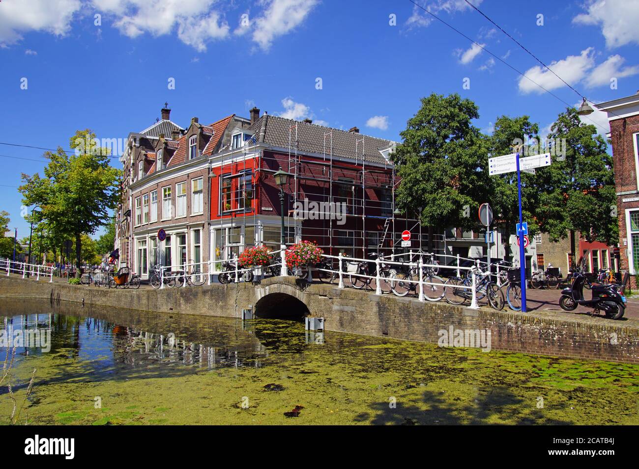 View on a bridge and channel in the city center of Delft. Stock Photo