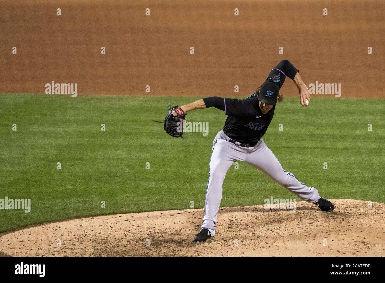 Queens, United States. 08th Aug, 2020. Miami Marlins Brian Moran pitches in the sixth inning of an MLB game against the New York Mets at Citi Field in New York on Saturday, Aug. 8, 2020. Photo by Corey Sipkin/UPI Credit: UPI/Alamy Live News Stock Photo