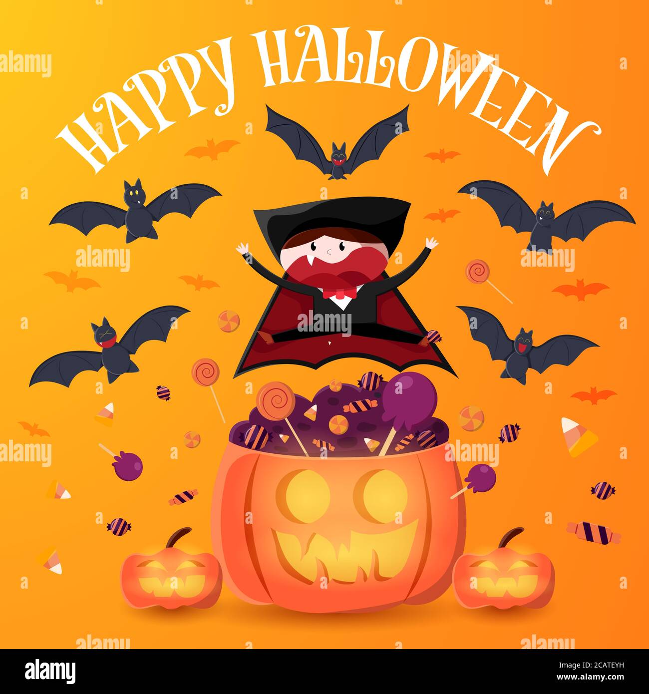 Boy in vampire costume jump on the pumpkin with pile of candy. Halloween vector illustration. Stock Vector