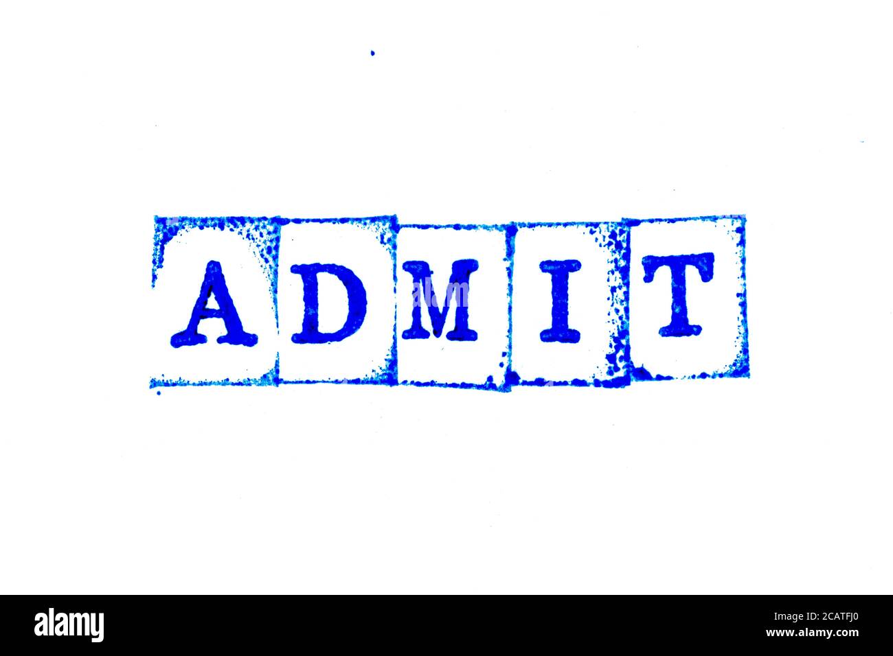Blue color ink of rubber stamp in word admit on white paper background