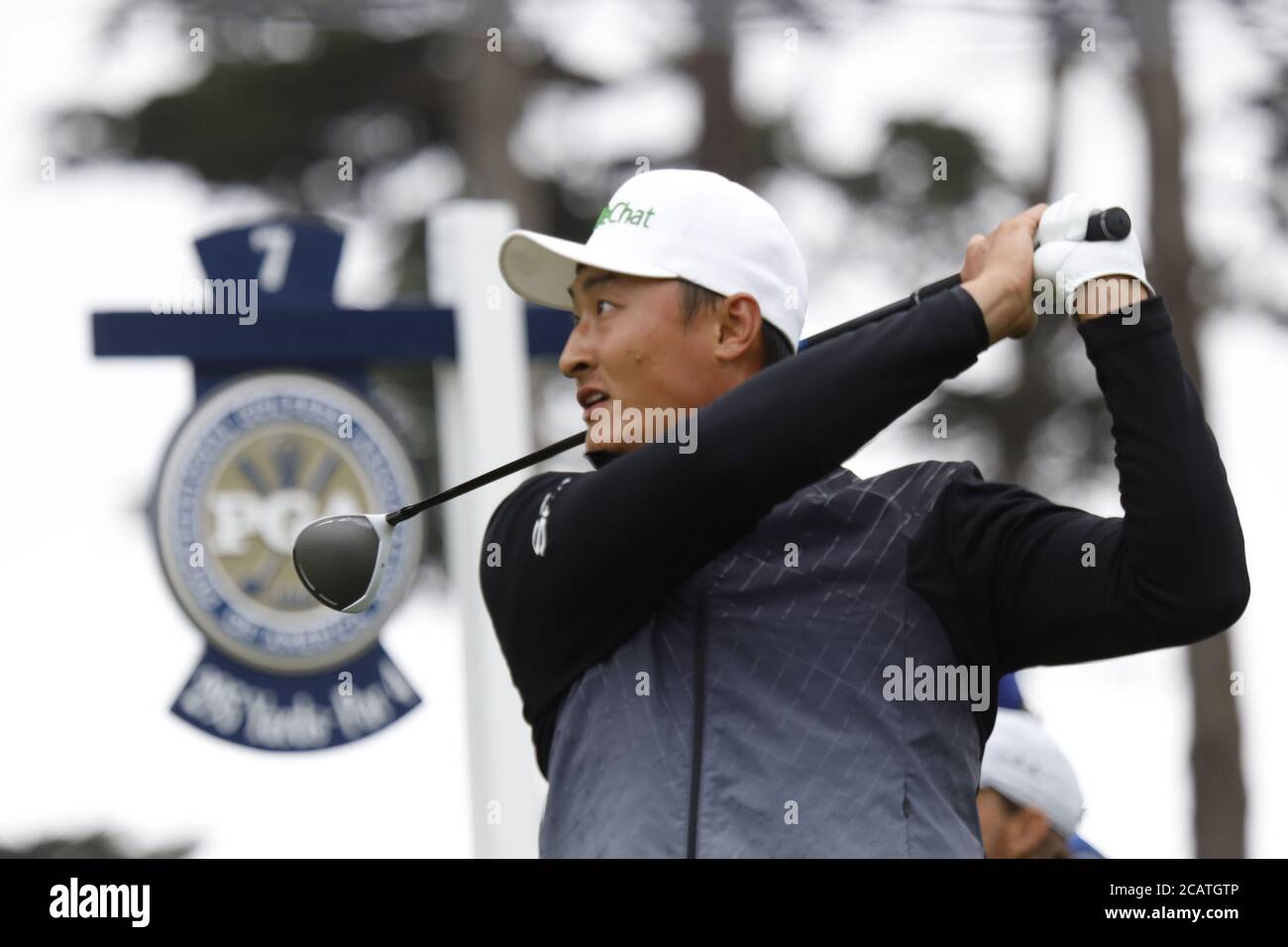 San Francisco, United States. 08th Aug, 2020. Li Haotong tee's off on the 7th hole in the third round of the 102nd PGA Championship at TPC Harding Park in San Francisco on Saturday, August 8, 2020. Photo by Peter DaSilvaUPI Credit: UPI/Alamy Live News Stock Photo