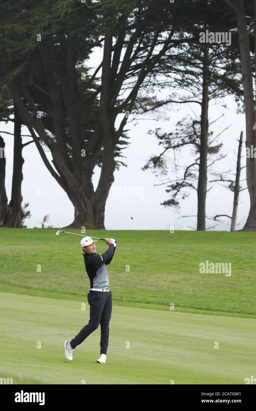 San Francisco, United States. 08th Aug, 2020. Li Haotong drives to the hole on the 15th fairway in the third round of the 102nd PGA Championship at TPC Harding Park in San Francisco on Saturday, August 8, 2020. Photo by Peter DaSilvaUPI Credit: UPI/Alamy Live News Stock Photo
