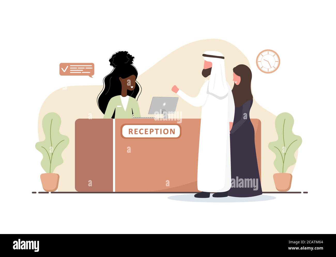 Reception interior. African woman receptionist. Arab couple at reception desk. Hotel booking, clinic, airport registration, bank or office reception Stock Vector