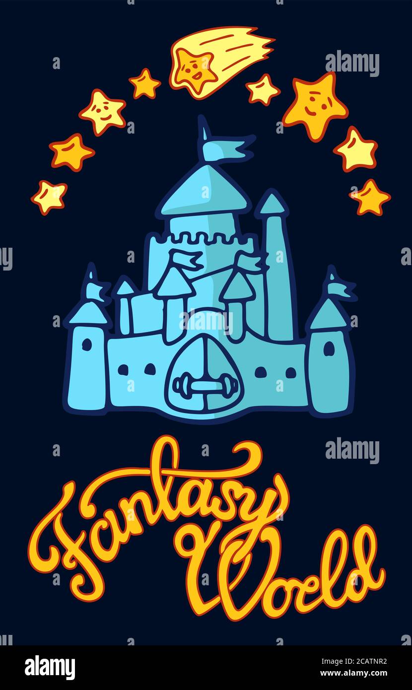 Beautiful cartoon medieval blue castle on dark background Stock Vector