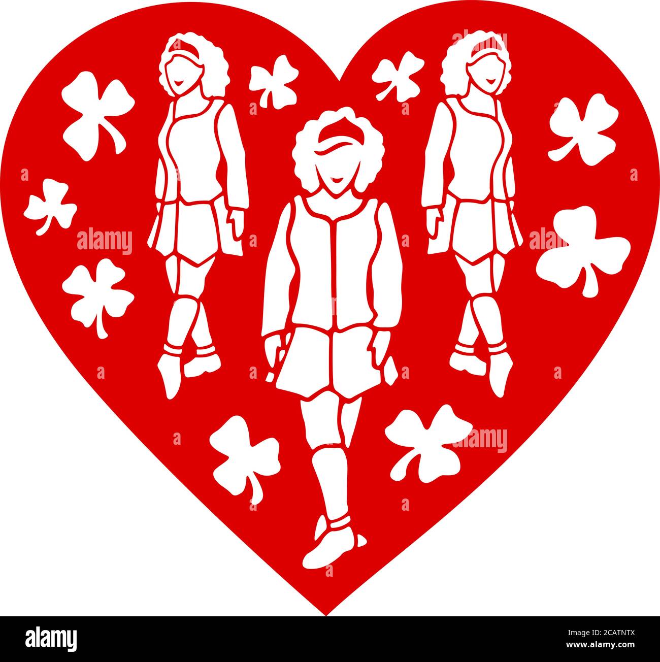 Beautiful art with irish dancing girls silhouettes in the red heart on white background Stock Vector