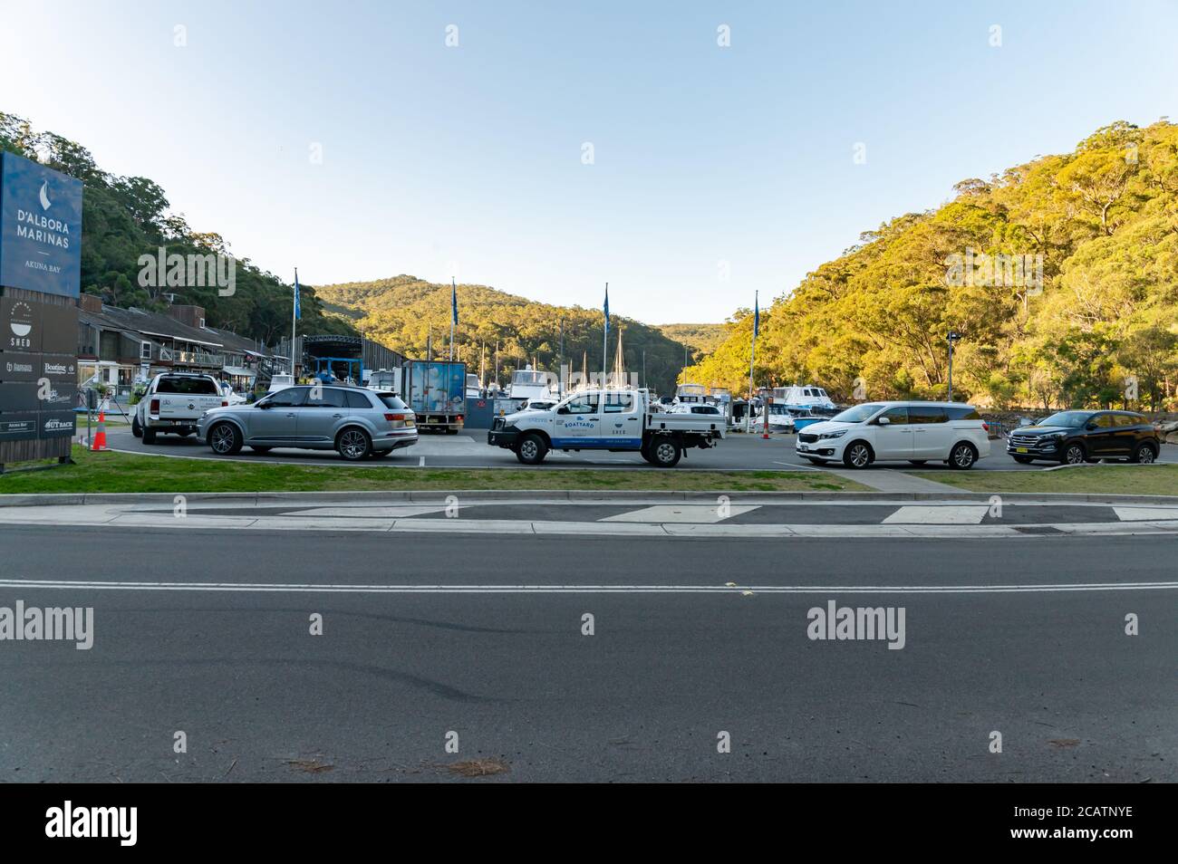 Car Park at D'Albora Marinas Akuna Bay Sign on a sunny winter afternoon Stock Photo