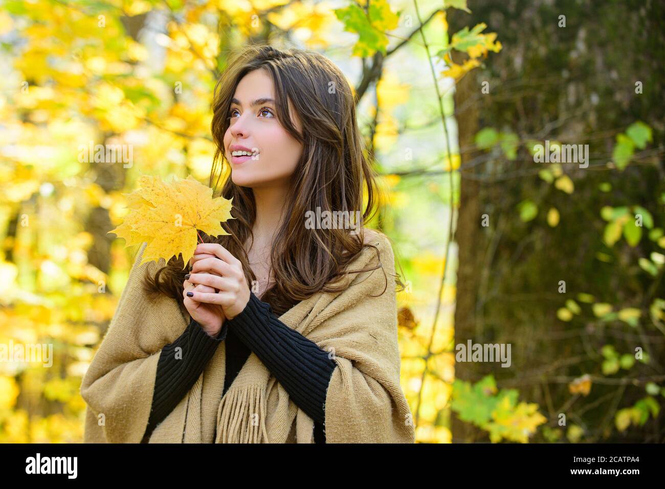 Fashion autumn portrait Beautiful woman with leaf Stock Photo - Alamy