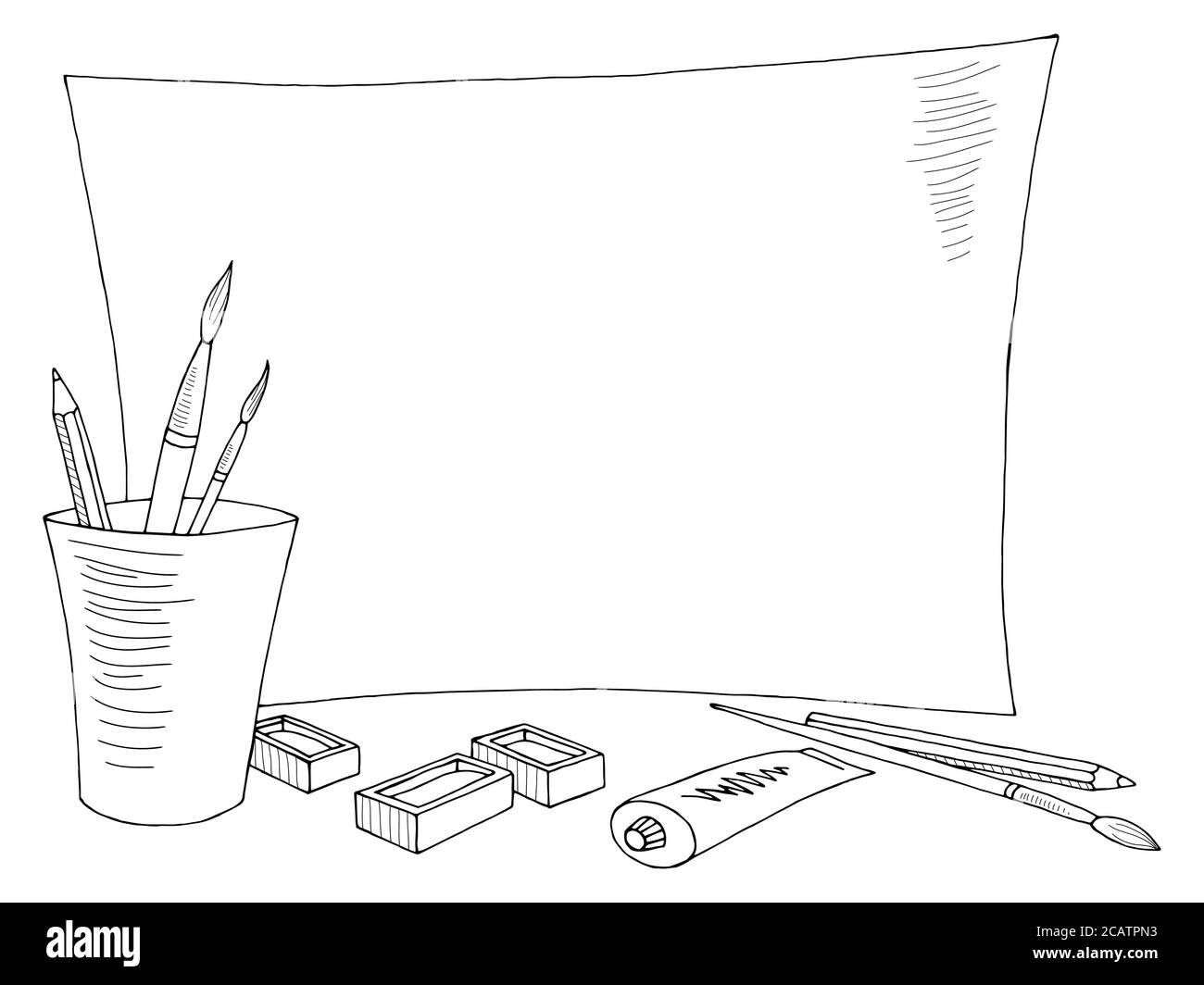 Art brush, pencil, paint and paper graphic black white doodle sketch