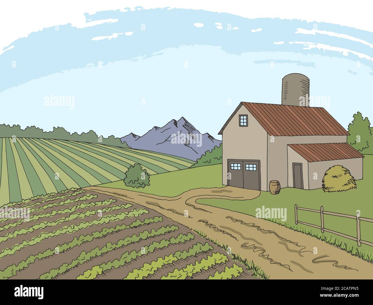 Farm field graphic color sketch landscape illustration vector Stock Vector